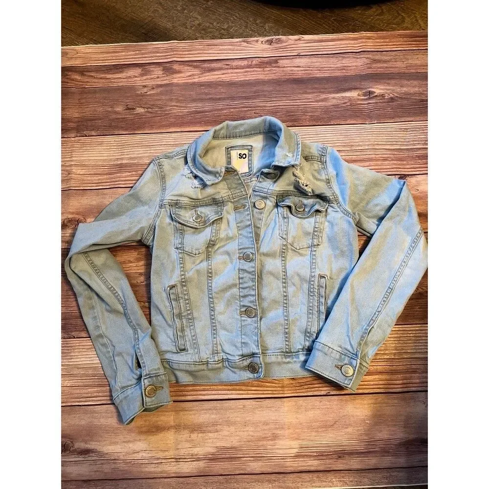 SO Girls Size 10 Light Wash Denim Jean Jacket Button Front Classic Distressed